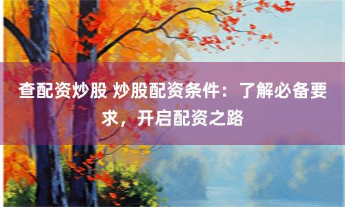 查配资炒股 炒股配资条件：了解必备要求，开启配资之路